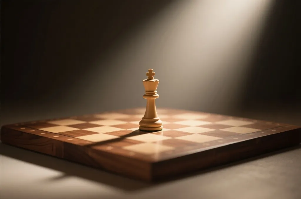 一个精致的木质国际象棋棋盘,一颗棋子在柔和的聚光灯下,寓意策略与长远规划